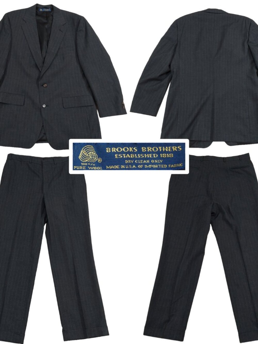 Brooks Brothers Grey Pinstriped Wool, 2 Piece Suit, Blazer 44L, Pants 38x30.5